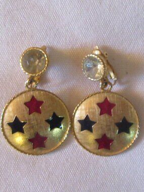 Vintage Red, Blue, Gold Star Clip-on Trifari Costume Earrings
